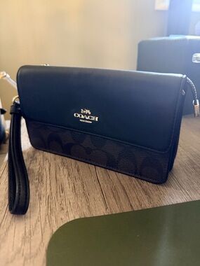 Coach Black Leather & Signature Canvas Wristlet Clutch
